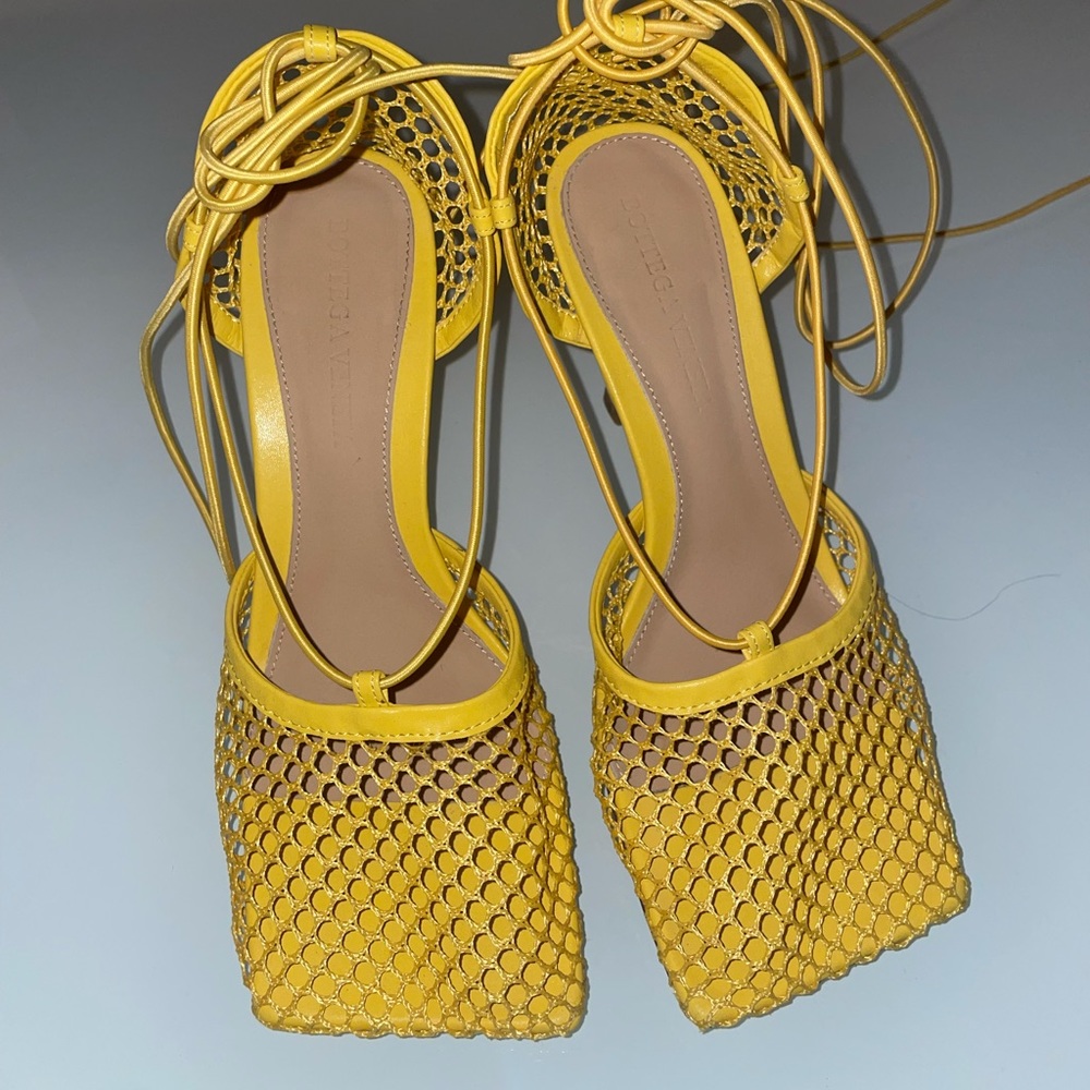 Bottega Veneta yellow fishnet heels